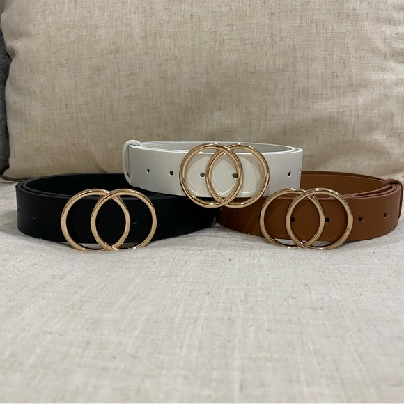 Accessories - Set of 3 Woman’s belts with gold double O ring buckle (tan white black) Size M